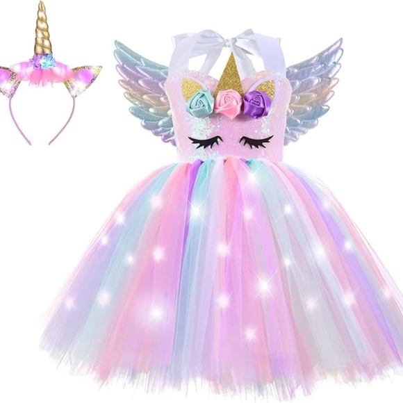 EUC 3T-4T GIRLS LIGHT UP RAINBOW UNICORN COSTUME DRESS LED LIGHTS WINGS HEADBAND - Picture 4 of 5